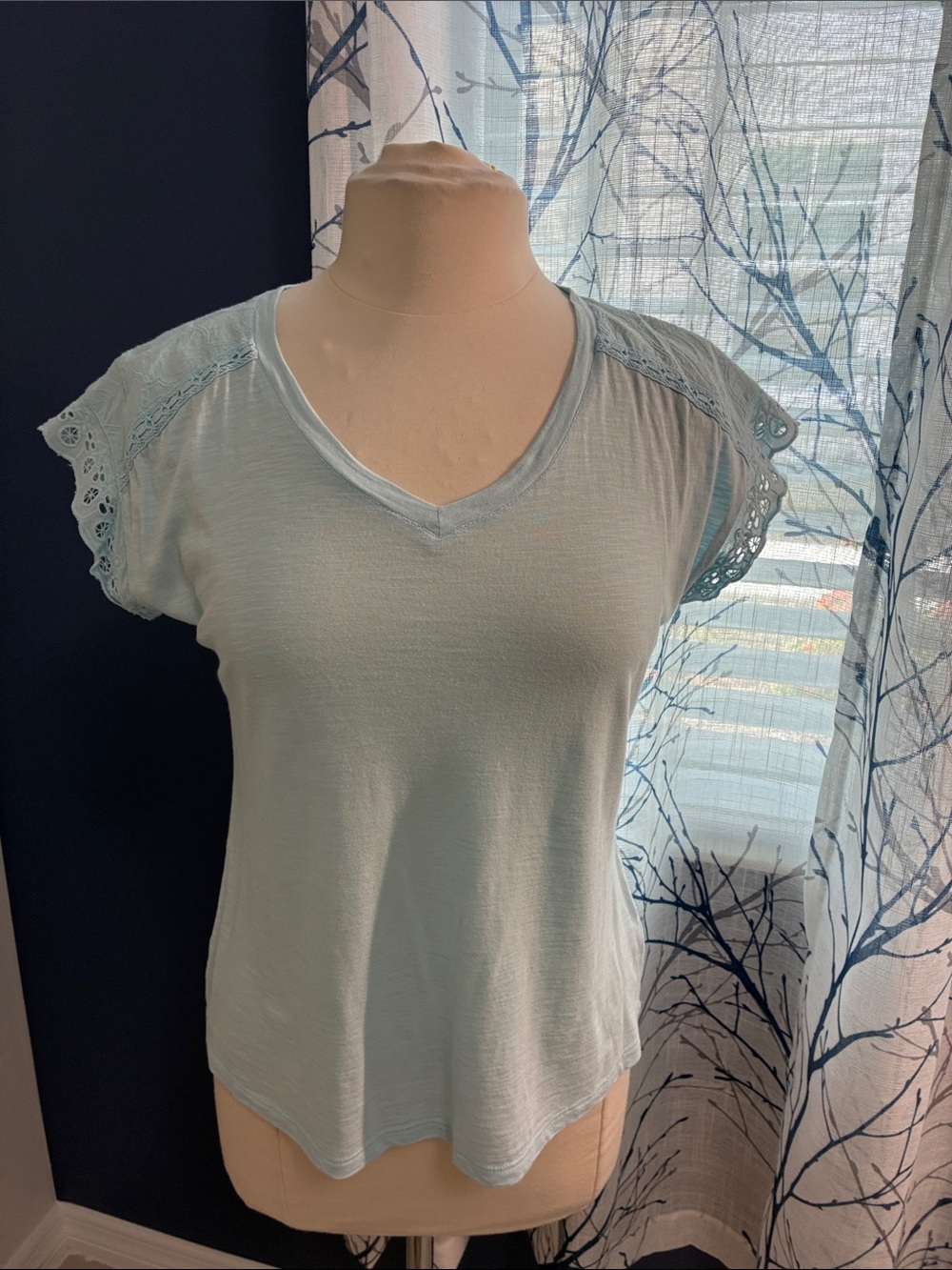Talbots Light Blue Lace Sleeve V-Neck Women's Top